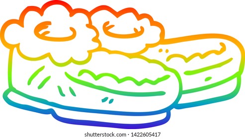 rainbow gradient line drawing of a cartoon comfy slippers