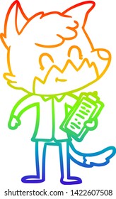 rainbow gradient line drawing of a cartoon happy fox salesman