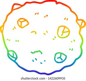 rainbow gradient line drawing of a cartoon chocolate chip cookie