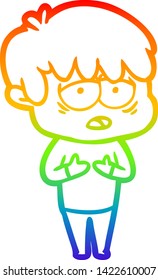 rainbow gradient line drawing of a cartoon exhausted boy