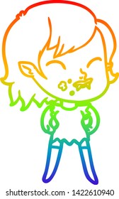 rainbow gradient line drawing of a cartoon vampire girl with blood on cheek
