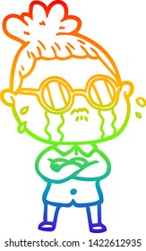 rainbow gradient line drawing of a cartoon crying woman wearing spectacles