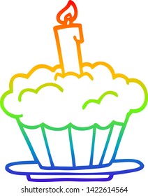 dibujo de línea de gradiente de arco iris de una tarta de cumpleaños de dibujos animados
