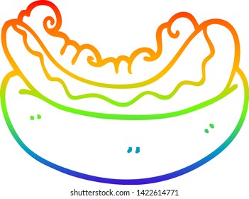 rainbow gradient line drawing of a cartoon hotdog in a bun
