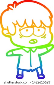 rainbow gradient line drawing of a cartoon exhausted boy