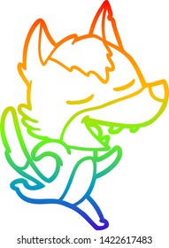 rainbow gradient line drawing of a cartoon running wolf laughing