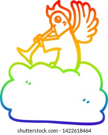 rainbow gradient line drawing of a cartoon angel on cloud with trumpet