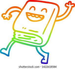 rainbow gradient line drawing of a cartoon happy book waving