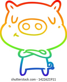 rainbow gradient line drawing of a cartoon content pig