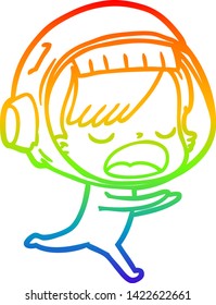 rainbow gradient line drawing of a cartoon astronaut woman running