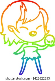 rainbow gradient line drawing of a cartoon laughing vampire girl with skull