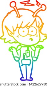 rainbow gradient line drawing of a cartoon alien girl