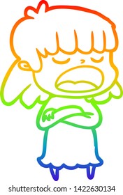 rainbow gradient line drawing of a cartoon woman talking loudly