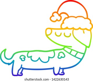 rainbow gradient line drawing of a cartoon dog wearing christmas hat