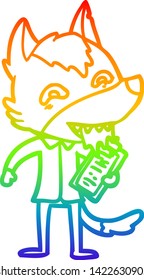 rainbow gradient line drawing of a cartoon hungry wolf with clip board