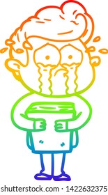 rainbow gradient line drawing of a cartoon crying man holding book