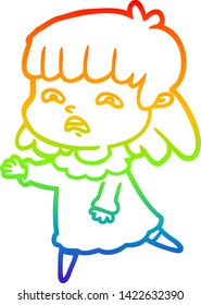 rainbow gradient line drawing of a cartoon worried woman