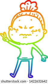 rainbow gradient line drawing of a cartoon annoyed old lady