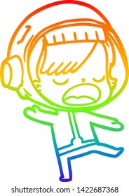 rainbow gradient line drawing of a cartoon talking astronaut woman