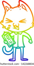 rainbow gradient line drawing of a cartoon salesman cat hissing