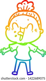 rainbow gradient line drawing of a cartoon happy old woman