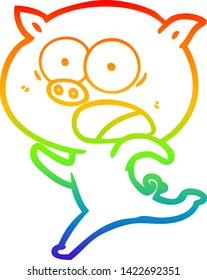 rainbow gradient line drawing of a cartoon pig running