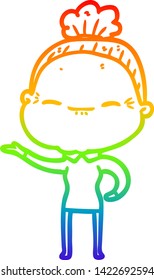 rainbow gradient line drawing of a cartoon peaceful old woman