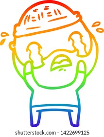 rainbow gradient line drawing of a cartoon bearded man crying