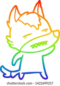 rainbow gradient line drawing of a cartoon wolf waving showing teeth
