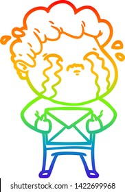 rainbow gradient line drawing of a cartoon man crying