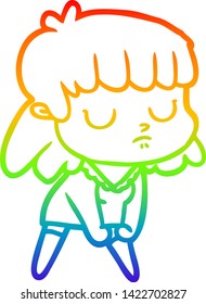 rainbow gradient line drawing of a cartoon indifferent woman