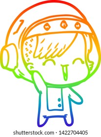 rainbow gradient line drawing of a cartoon happy astronaut girl waving