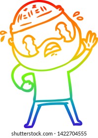 rainbow gradient line drawing of a cartoon bearded man waving and crying