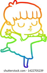 rainbow gradient line drawing of a cartoon indifferent woman