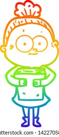 rainbow gradient line drawing of a cartoon happy old woman