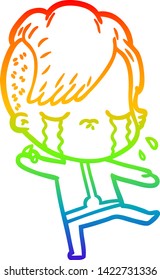 rainbow gradient line drawing of a cartoon crying girl wearing space clothes