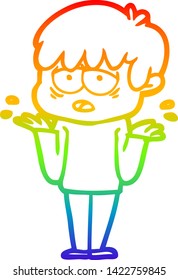 Regenbogen-Farbverlauf-Zeichnung eines Cartoons erschöpften Jungen schrumpfen Schultern