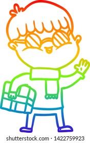 rainbow gradient line drawing of a cartoon boy wearing spectacles carrying gift