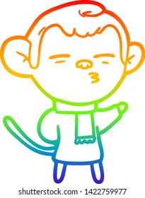 dibujo de una línea de gradiente arco iris de un mono sospechoso de la caricatura