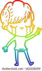 rainbow gradient line drawing of a cartoon woman crying