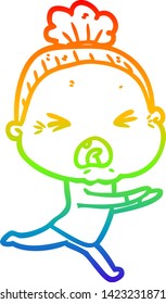 rainbow gradient line drawing of a cartoon angry old woman