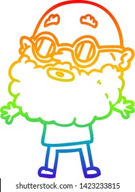 rainbow gradient line drawing of a cartoon curious man with beard and sunglasses