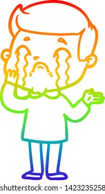 rainbow gradient line drawing of a cartoon man crying