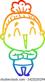 rainbow gradient line drawing of a cartoon happy old lady
