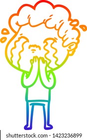 rainbow gradient line drawing of a cartoon man crying