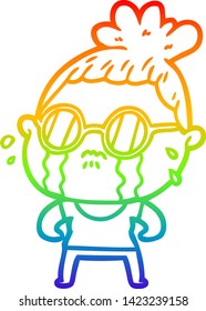 rainbow gradient line drawing of a cartoon crying woman wearing sunglasses