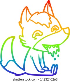 rainbow gradient line drawing of a cartoon hungry wolf sitting waiting