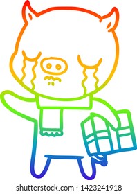 dibujo de una línea de gradiente de arco iris de un cerdo de caricatura llorando sobre navidad presente