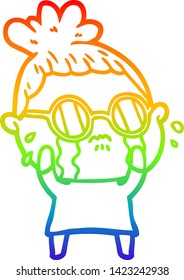 rainbow gradient line drawing of a cartoon crying woman wearing spectacles