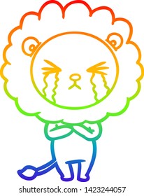 rainbow gradient line drawing of a cartoon crying lion